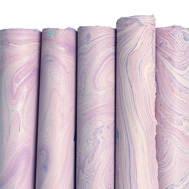 Handmade Marbled Paper- Lavender with Silver and Red 5 sheets rolled to show pattern variations