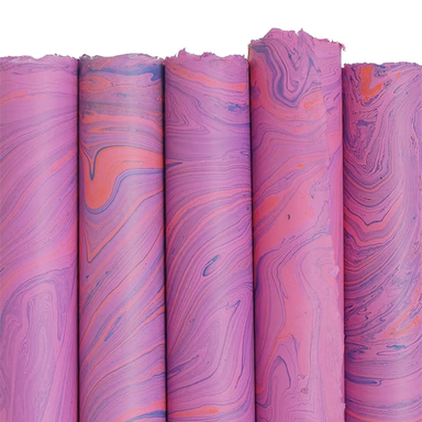 Handmade Marbled Paper- Magenta with Dark Purple and Peach 5 sheets rolled to show pattern variations