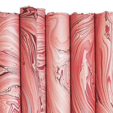 Handmade Marbled Paper- Red, Pink and Silver 5 sheets rolled to show pattern variations