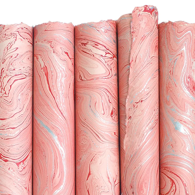 Handmade Marbled Paper- Salmon with Red and Silver 5 sheets rolled to show pattern variations