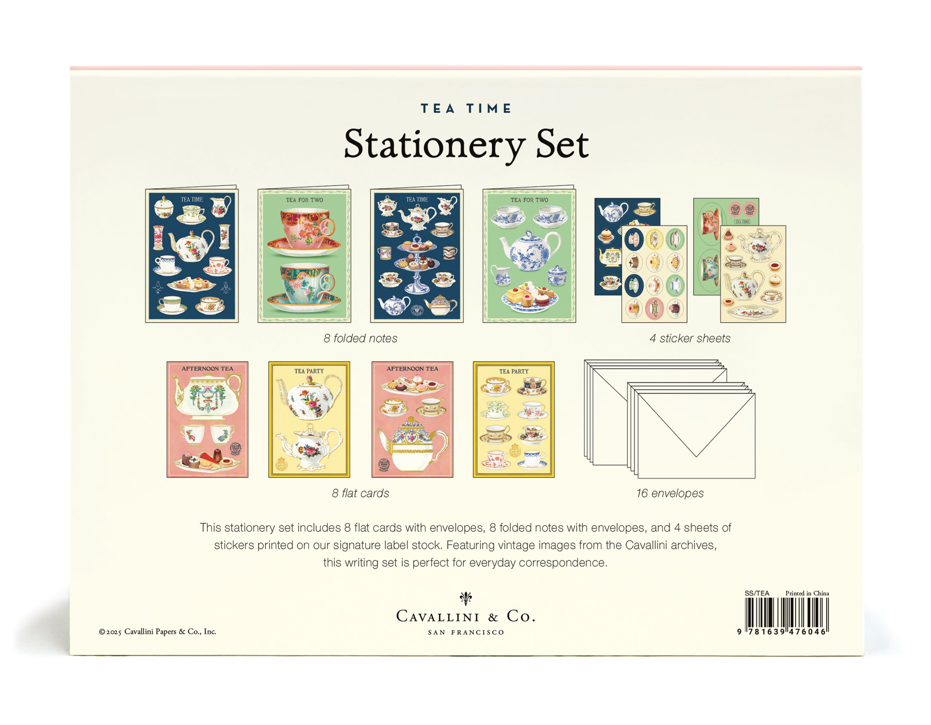 Tea Time stationery set packaging- back cover-  with illustrations of stationery items on a white background.