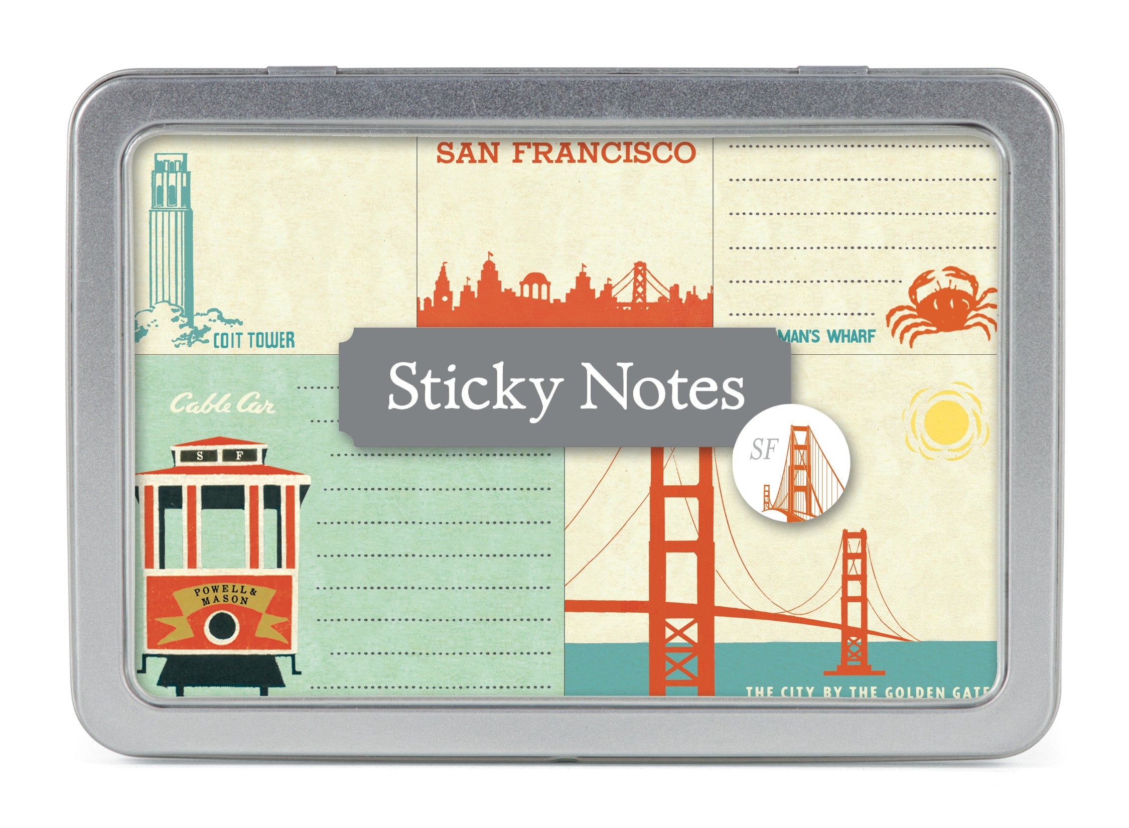 Cavallini & Co. Sticky Notes Tin- San Francisco- Sticky notes set with San Francisco-themed design featuring the Golden Gate Bridge, cable car, and other elements.