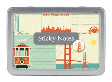 Cavallini & Co. Sticky Notes Tin- San Francisco- Sticky notes set with San Francisco-themed design featuring the Golden Gate Bridge, cable car, and other elements.
