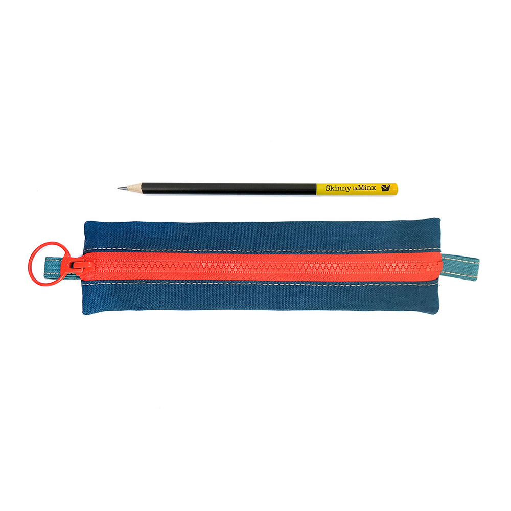 Midcentury Style Zipper Pouch in Petrol- Navy blue with red zipper and one pencil
