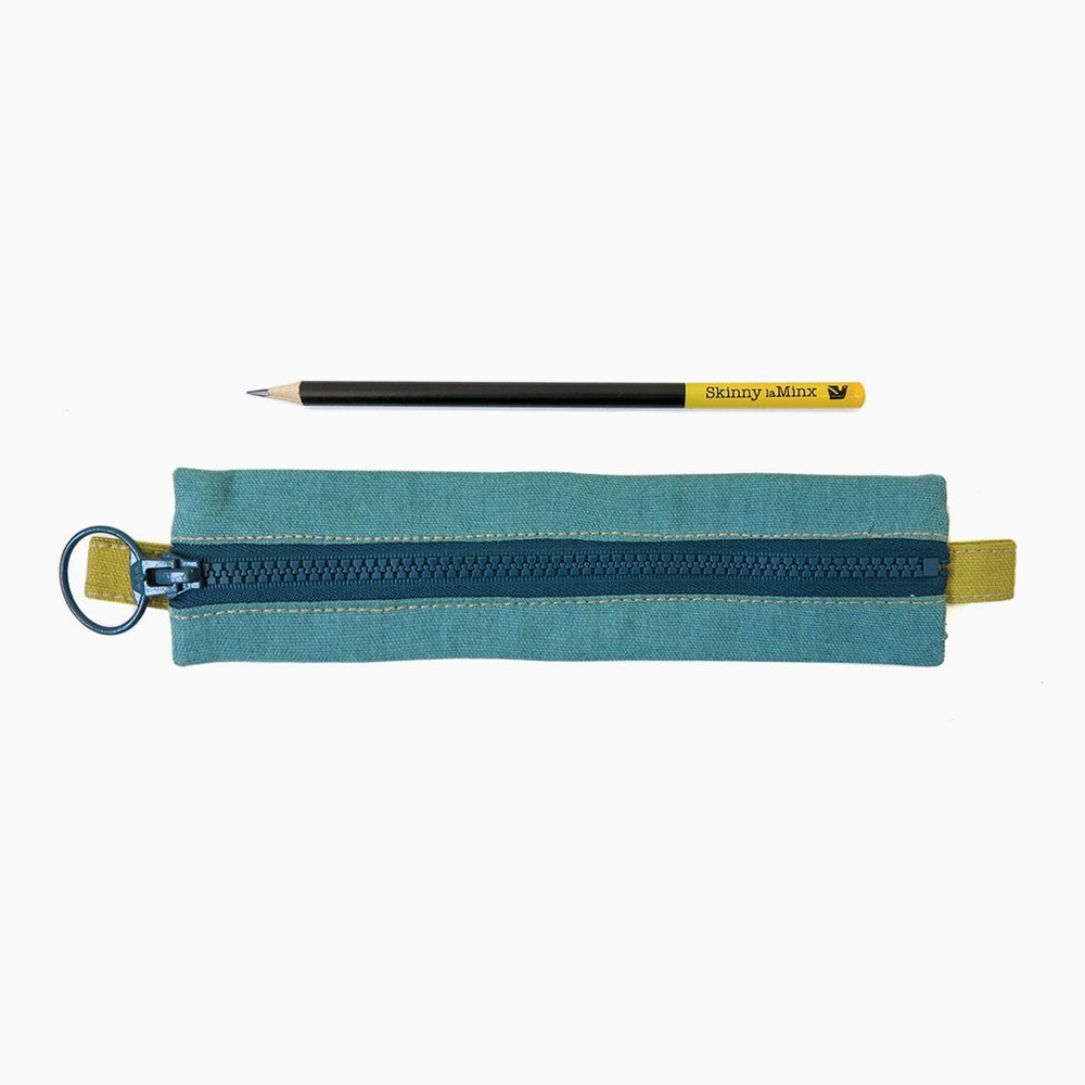 Midcentury Style Zipper Pouch in Teal- Teal with dark teal zipper and one pencil