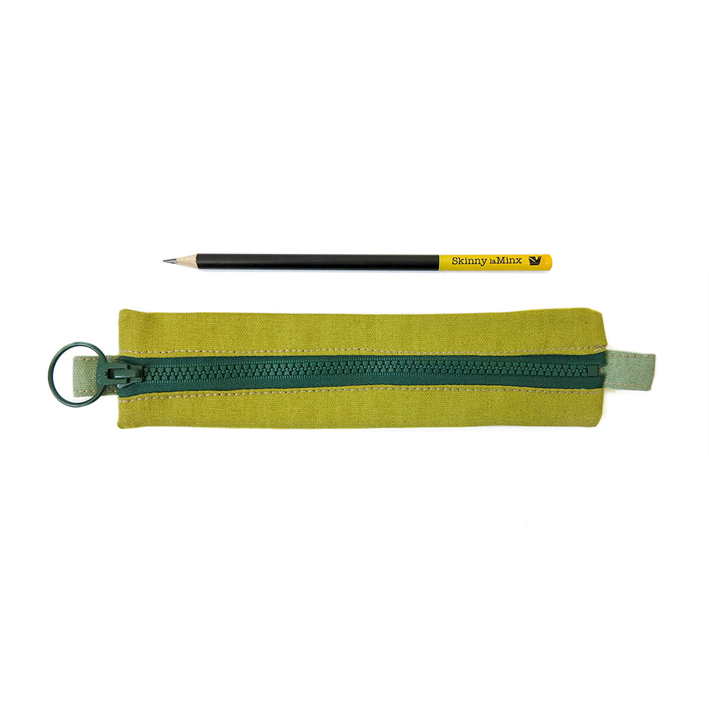 Midcentury Style Zipper Pouch in Gold- Yellow green  with dark green zipper and one pencil