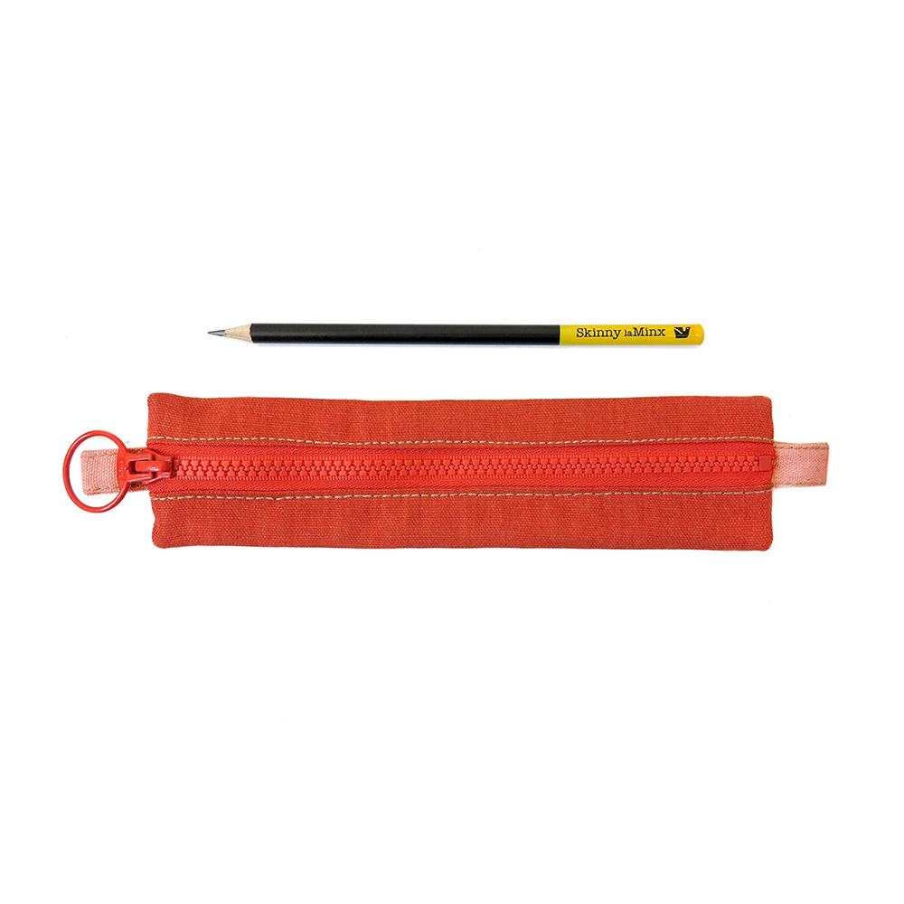 Midcentury Style Zipper Pouch in Persimmon- Orange with red zipper and one pencil
