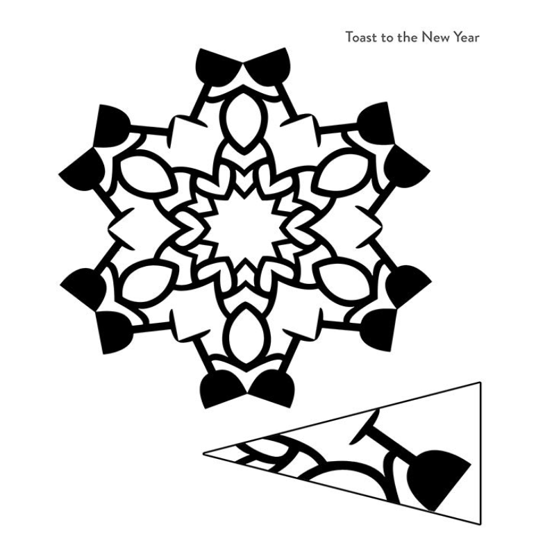 "Toast to the New Year" snowflake pattern- open and folded triangle