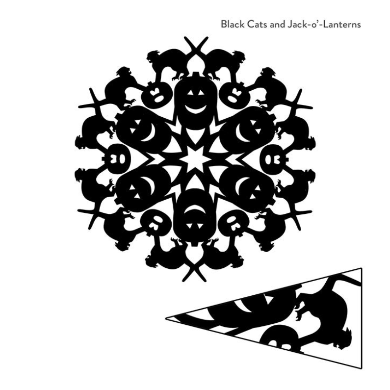"Black Cats and Jack-I'-Lanterns" snowflake pattern- open and folded triangle