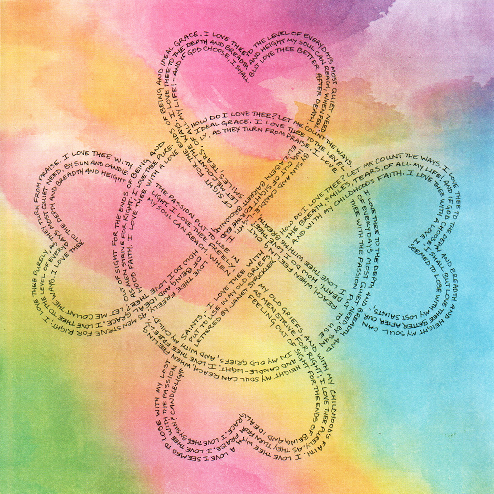 Word Pattern Play class sample- heart knot image created using words with rainbow background