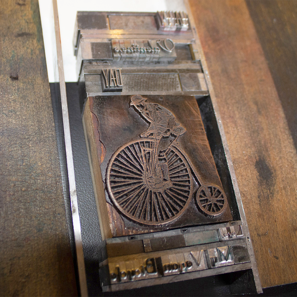 Valentines! DIY Letterpress class sample of vintage type and bicycle ornament in a layout