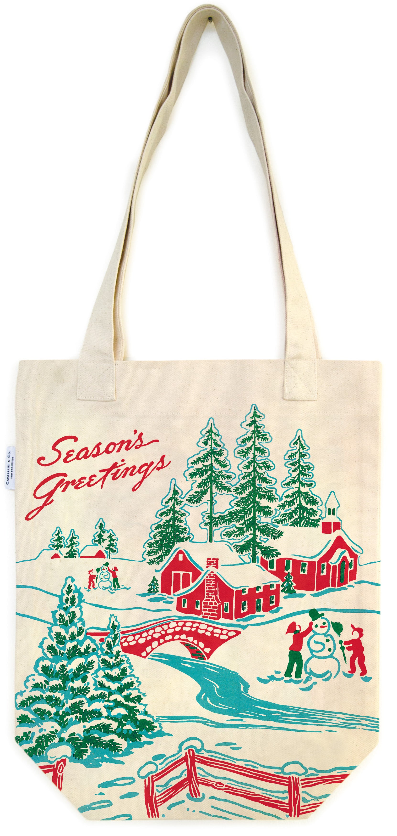 Cavallini & Co. Christmas Winter Wonderland Tote Bag- a bag with Christmas design featuring trees, houses, and people, with 'Season's Greetings' text.
