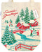 Cavallini & Co. Christmas Winter Wonderland Tote Bag- detail of tote bag with Christmas design featuring trees, houses, and people making a snowman.