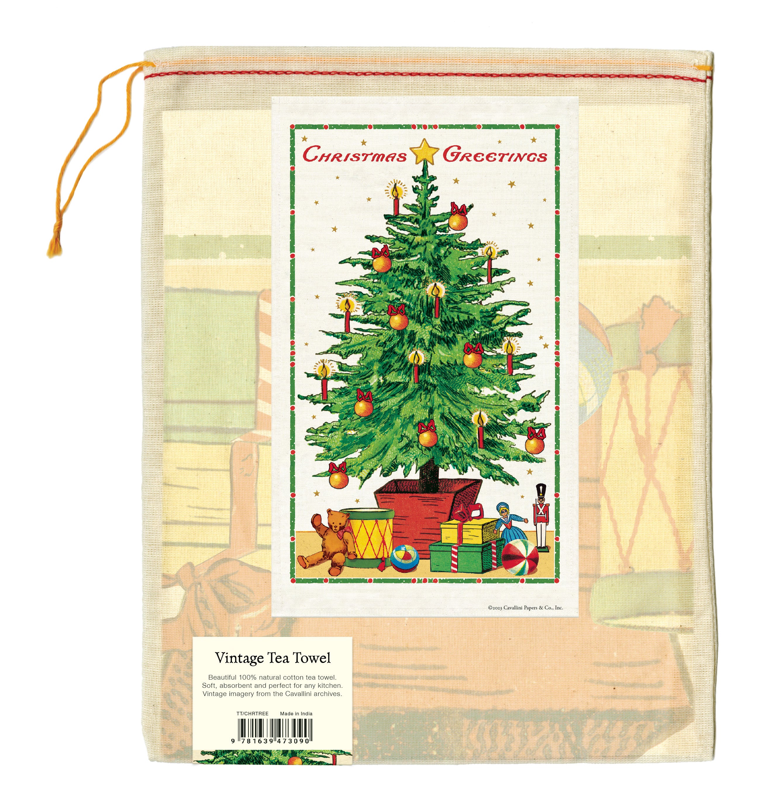 Cavallini & Co. Christmas Tree Holiday Cotton Tea Towel package back