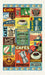 Cavallini & Co. Coffee Cotton Tea Towel- Collage of vintage coffee-themed graphics and logos on a colorful background