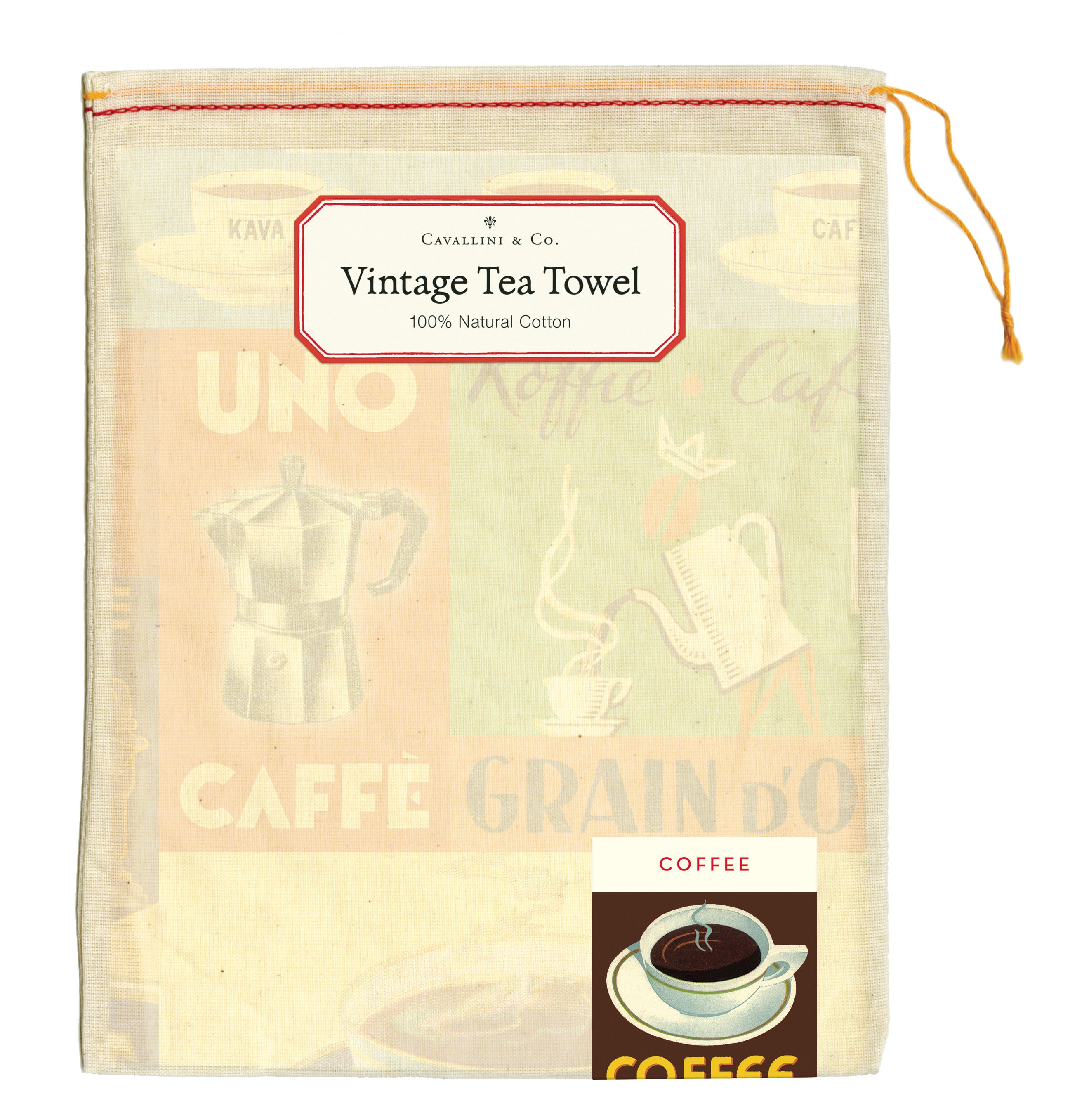 Vintage-themed tea towel with coffee graphics and text in a drawstring bag.