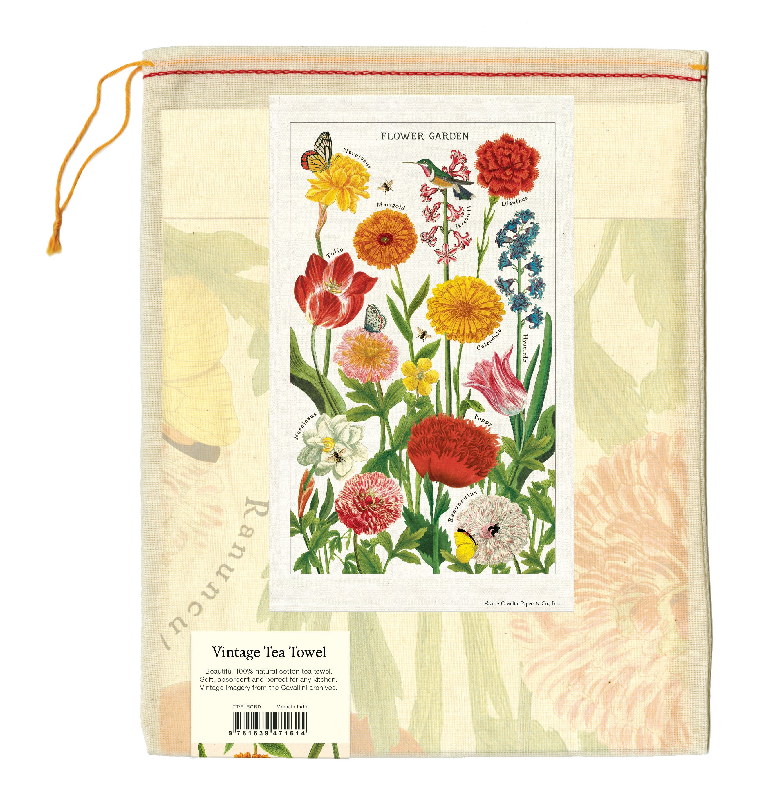 Cavallini & Co. Flower Garden Tea Towel  features large images of beautiful, brightly colored garden flowers- tulips, marigolds, hyacinth, dianthus and more. The perfect way to bring color into your kitchen. 
