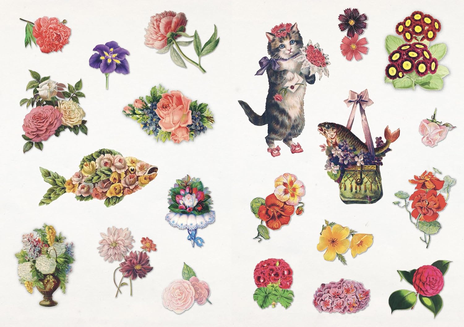 The Curious Collections Sticker Book- example pages of vintage victorian style flower arrangement stickers