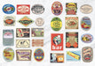 Collection of vintage product labels on a white background
