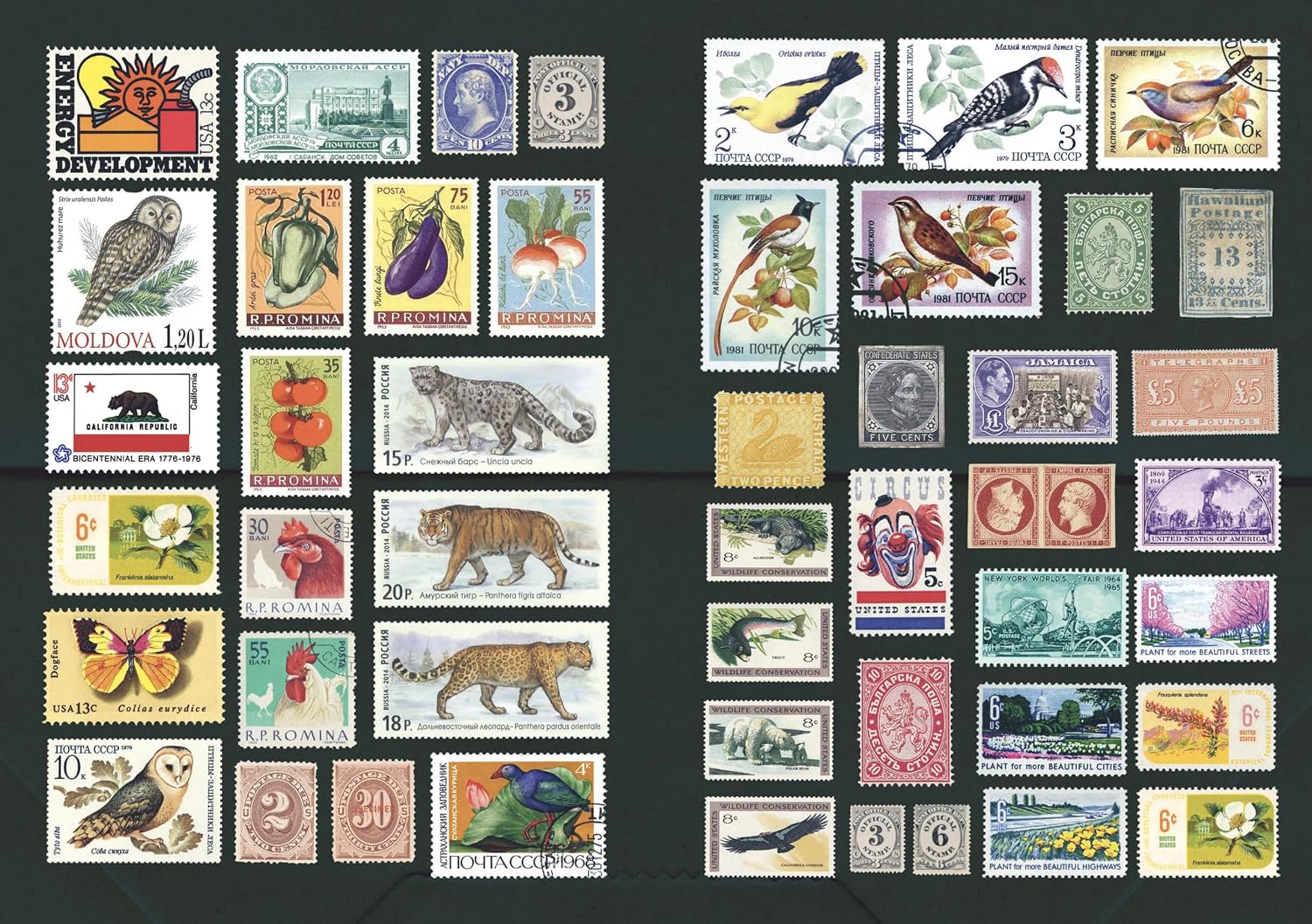 The Curious Collections Sticker Book- example pages of vintage postage stamp stickers