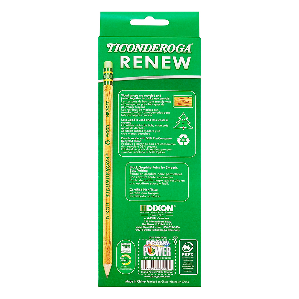 Ticonderoga Renew Recycled #2/HB Graphite Pencils- box of 12 back side