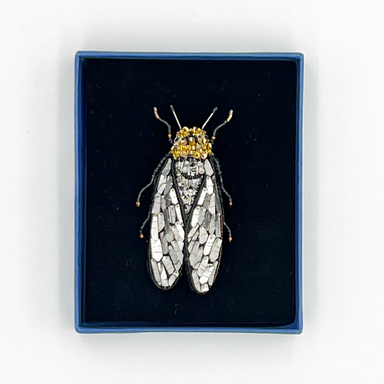 Cicada-shaped brooch with beads and sequins in a blue box with black velvet lining on a white background