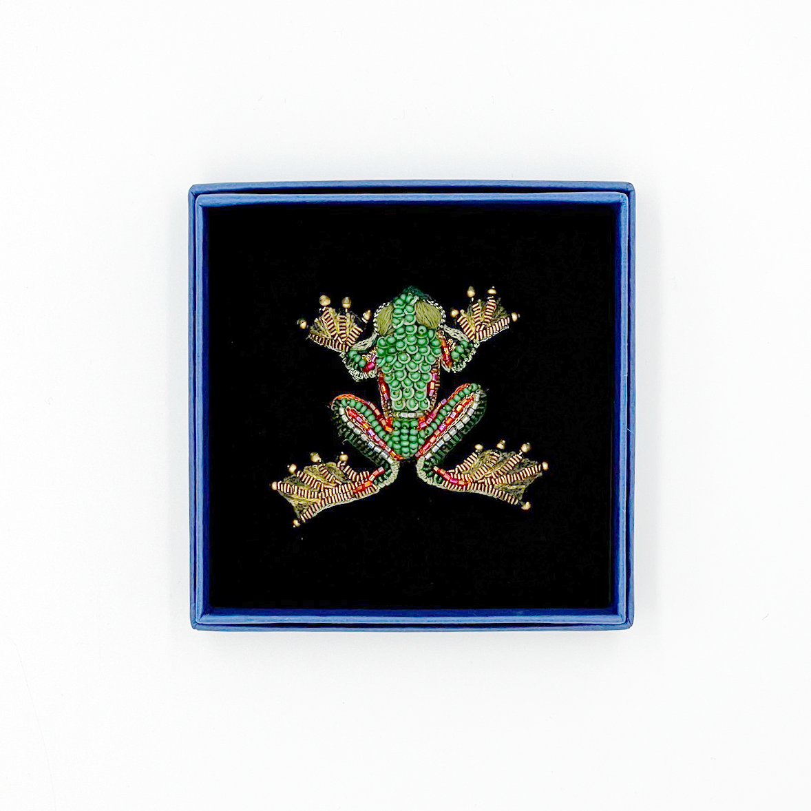 Green Flying Frog Beaded Brooch Pin in box