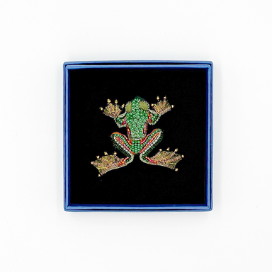 Green Flying Frog Beaded Brooch Pin in box