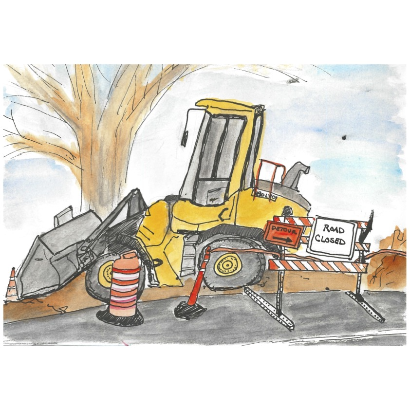 sketch of digger truck with road work signs