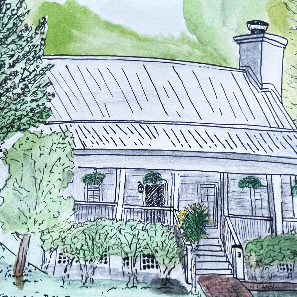 detail of sketched house with green watercolor added
