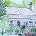 detail of sketched house with green watercolor added