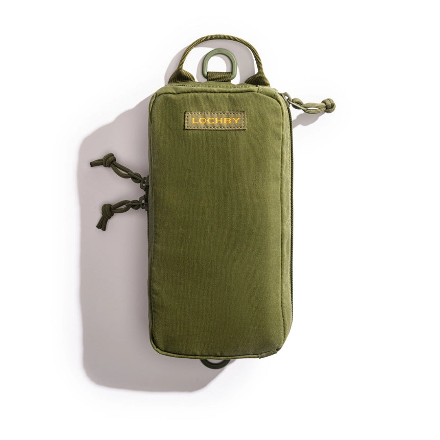 Lochby Venture Pouch- olive with yellow interior- closed shown flat