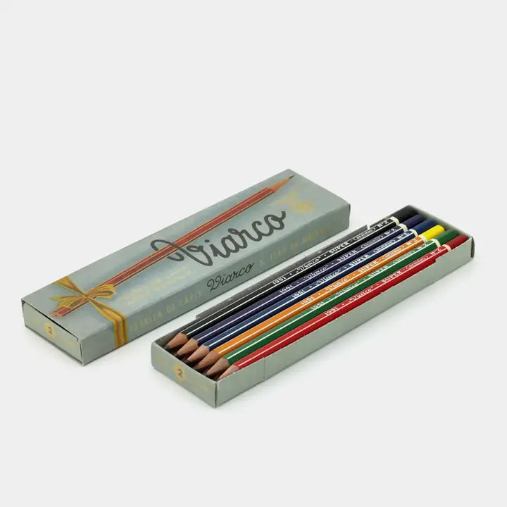 Vintage-style Lacquered Pencils- Box of 12- images shows set of colored pencils in a Viarco box on a light gray background