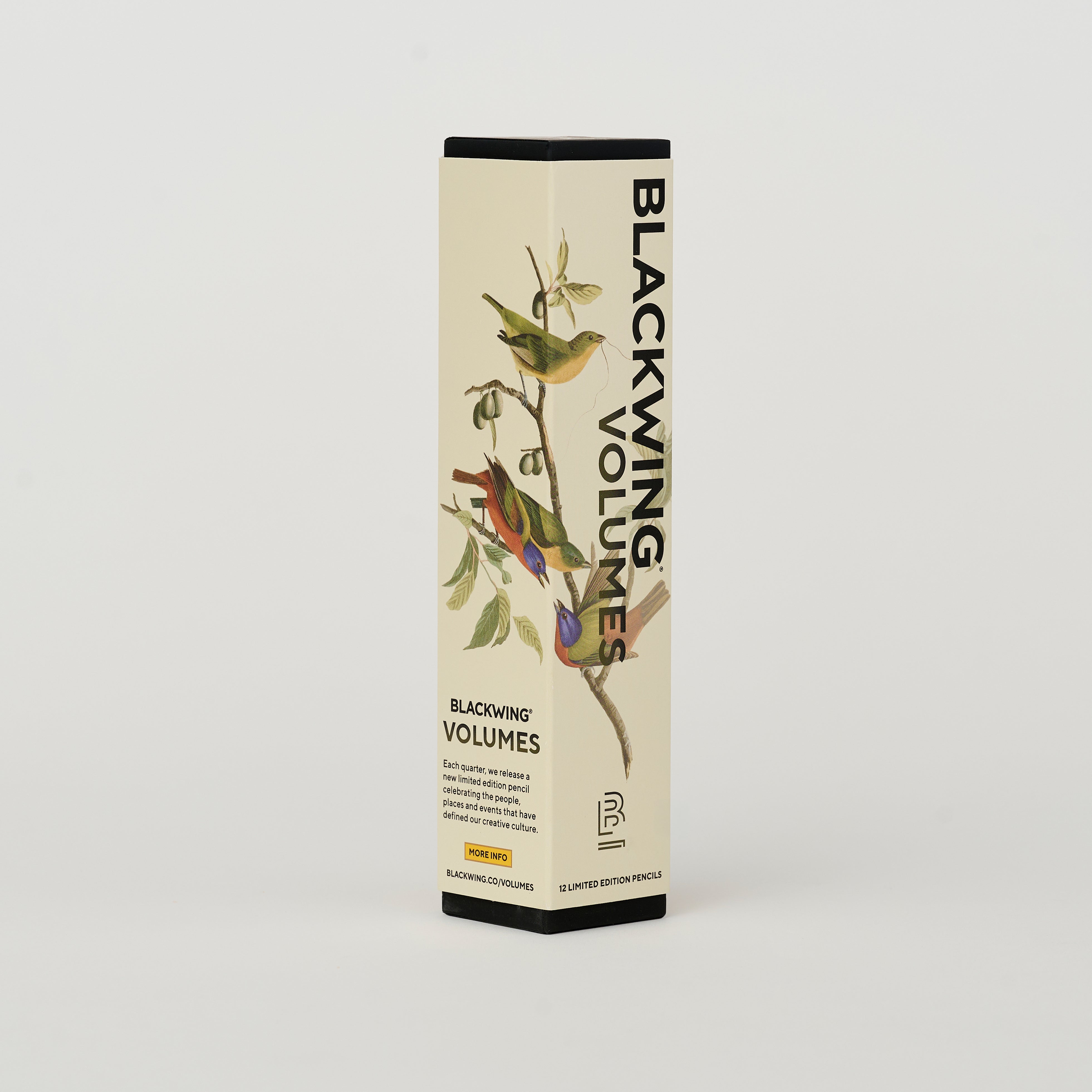Blackwing Volumes pencil box with bird illustrations on a light gray background
