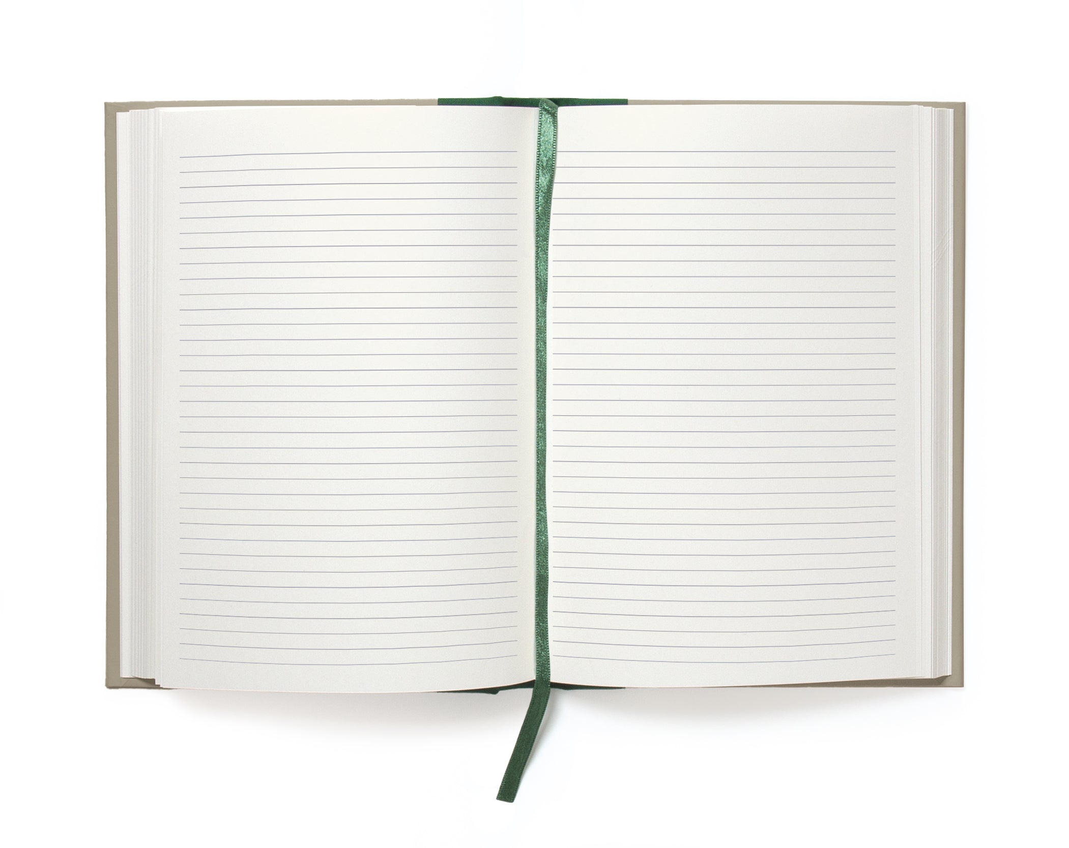 Open notebook with lined pages and a green ribbon on a white background