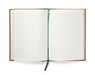 Open notebook with lined pages and a green ribbon on a white background