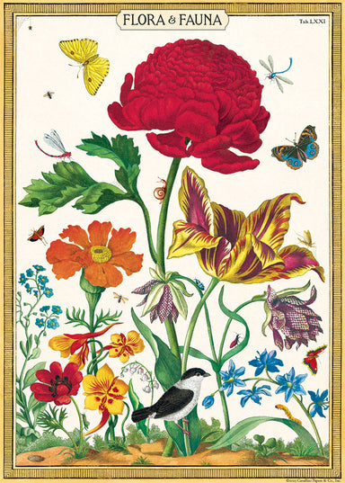 Cavallini & Co. Flora and Fauna Decorative Paper featuring illustrations of flowers and butterflies with a gold frame, labeled 'Flora & Fauna'.