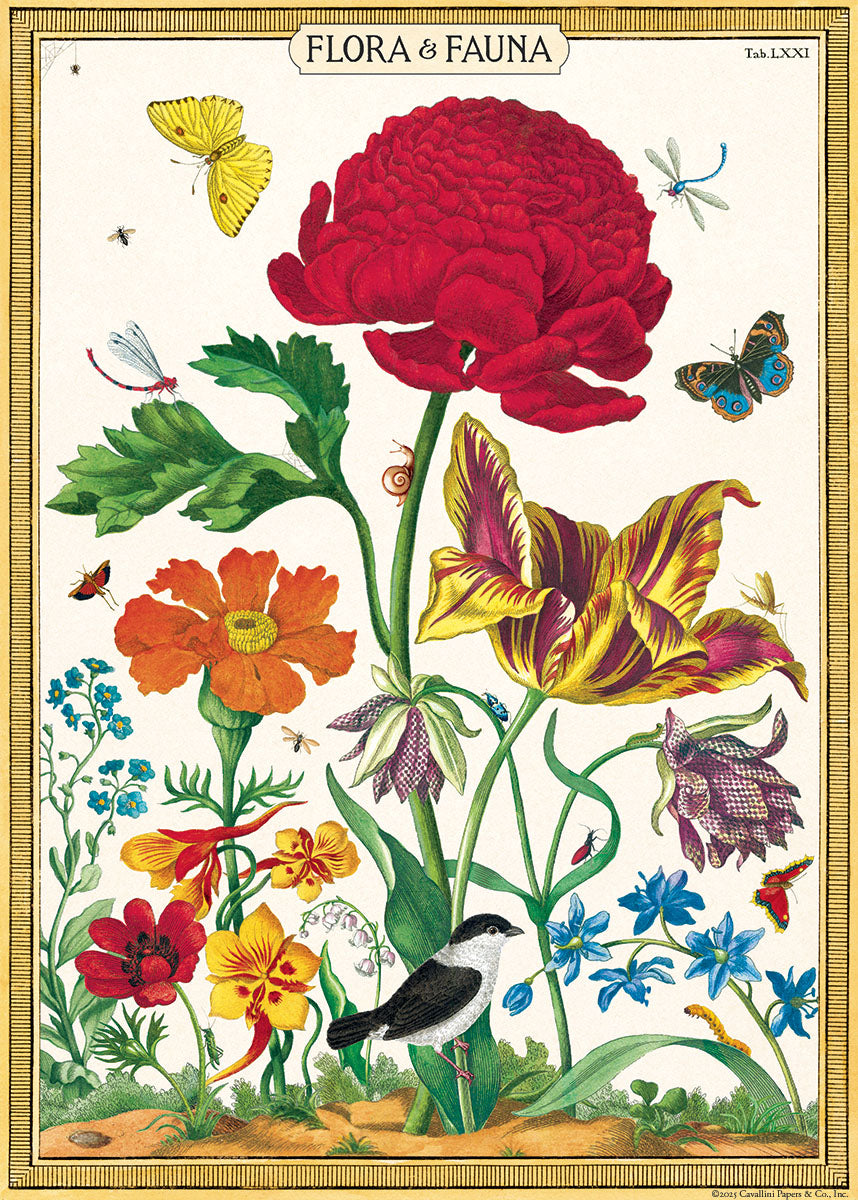 Cavallini & Co. Flora and Fauna Decorative Paper featuring illustrations of flowers and butterflies with a gold frame, labeled 'Flora & Fauna'.