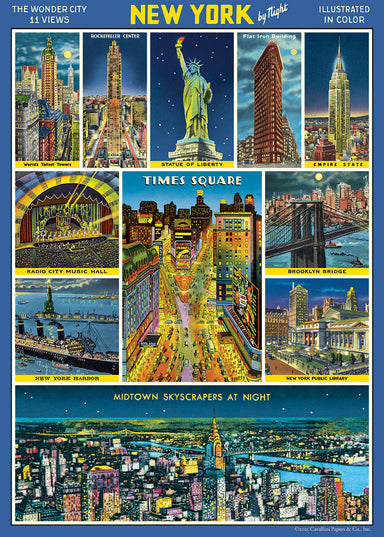 Cavallini & Co. New York City by Night Decorative Paper- an illustrated poster of New York City at night featuring famous landmarks.