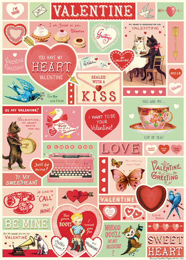 A vintage-style Valentine's Day collage print featuring multiple illustrated hearts, envelopes, butterflies, birds, a cat, a typewriter, and romantic phrases in pink, red, cream, and muted green tones.