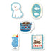 Set of five decorative stickers featuring a dog, swans, cups , and a cat on a stamp design.