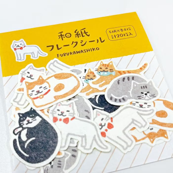 Washi Flake Stickers- Cats- image showing set of cat-themed stickers with a yellow packaging label on a white background