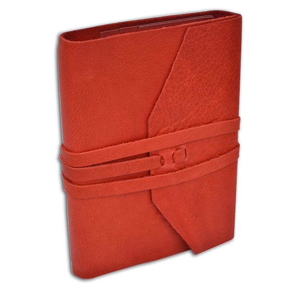 Italian Leather Wrap Journal- 5x7 Inches, Lined Pages- Refillable- red leather cover shown closed and tied