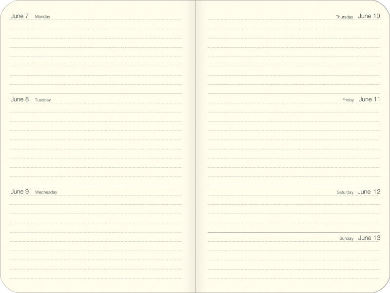 An open planner or notebook with cream-colored lined pages, showing a weekly layout from June 7 to Sunday, June 13.