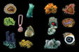 Sample page- a collection of various colorful mineral and crystal specimens on a black background