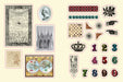 Sample page- a collection of vintage-style illustrations and numbers on a beige background