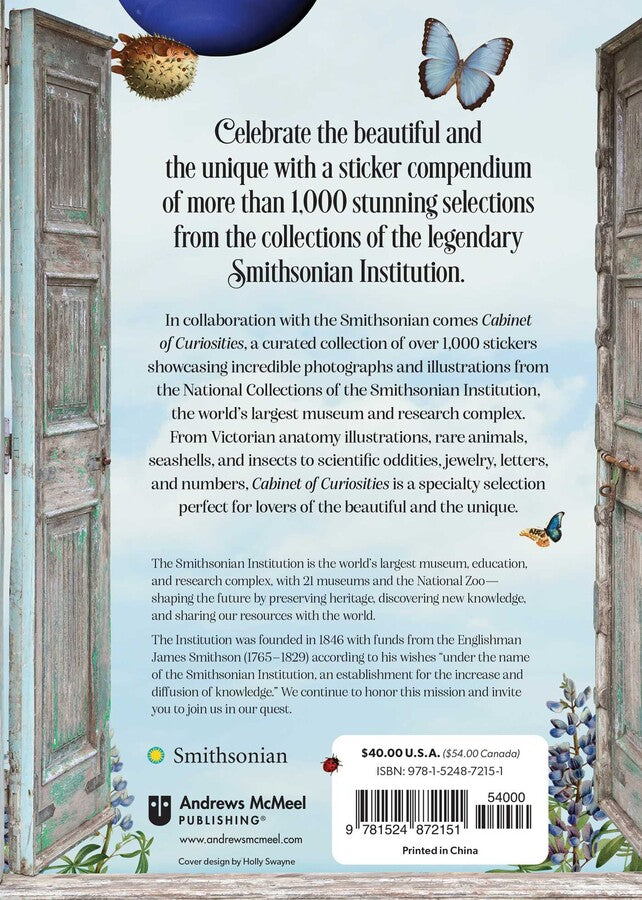 Cabinet of Curiosities Sticker Book- Back cover of book with decorative elements and text about the Smithsonian Institution.