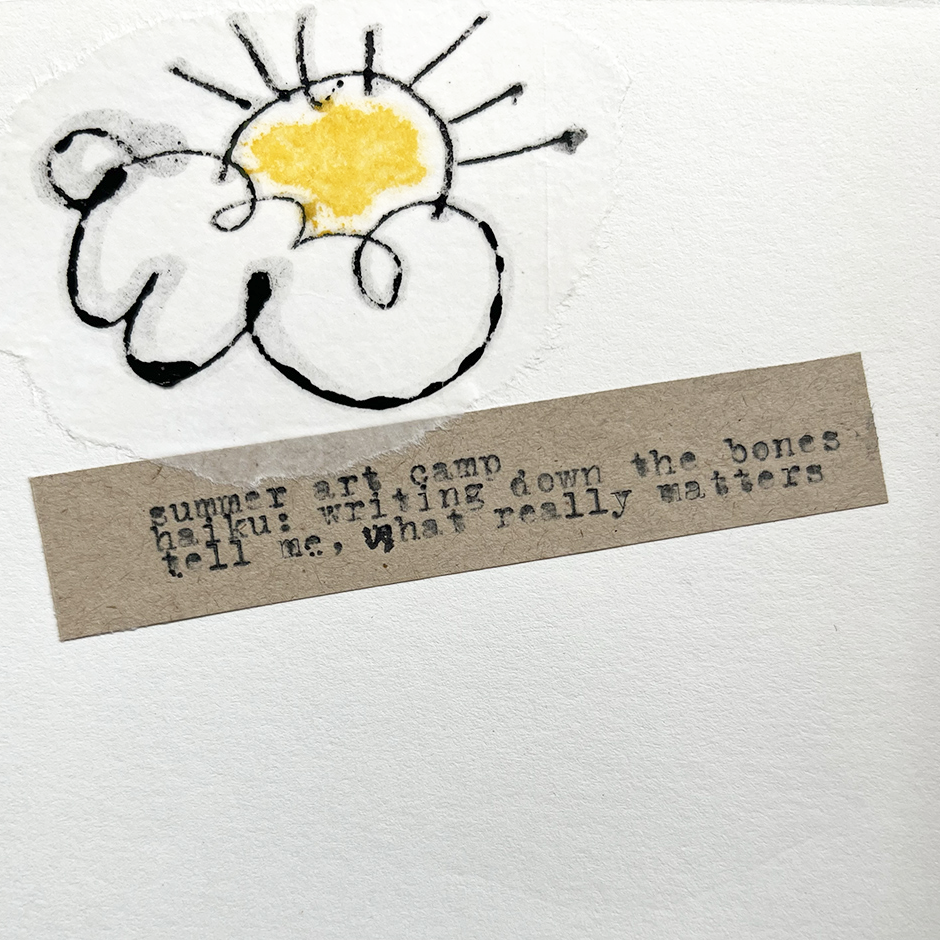 Haiku Haigu - Poetry & Line Drawing class page sample with drawn cloud and sun with haiku