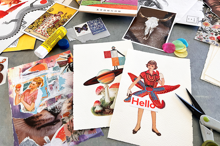 Collage of art supplies and printed materials on a gray surface
