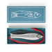 Fish-shaped knife with red string in a blue box labeled 'Fish Knife'.